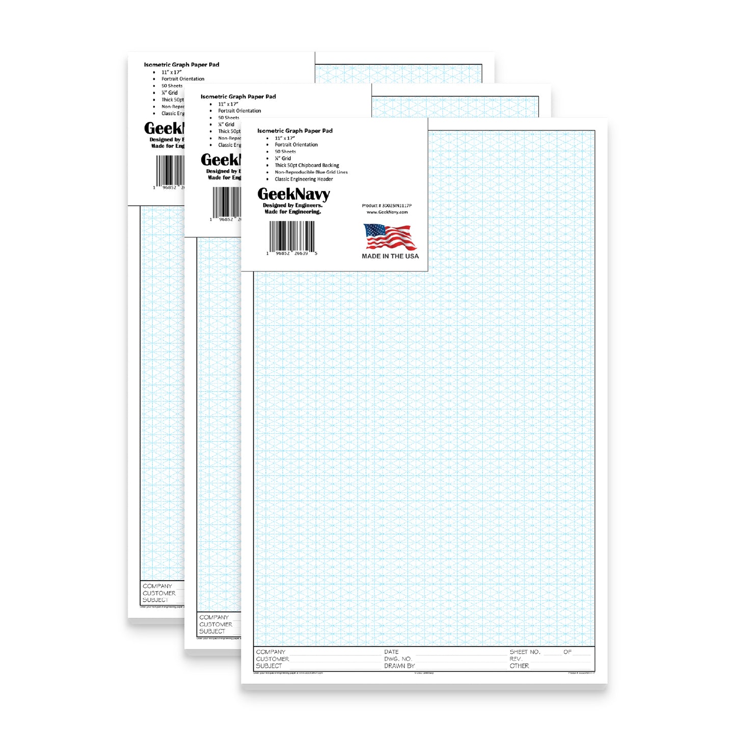 CUSTOM LOGO - GeekNavy Isometric Grid Graph Paper Pad, 11" x 17" Portrait