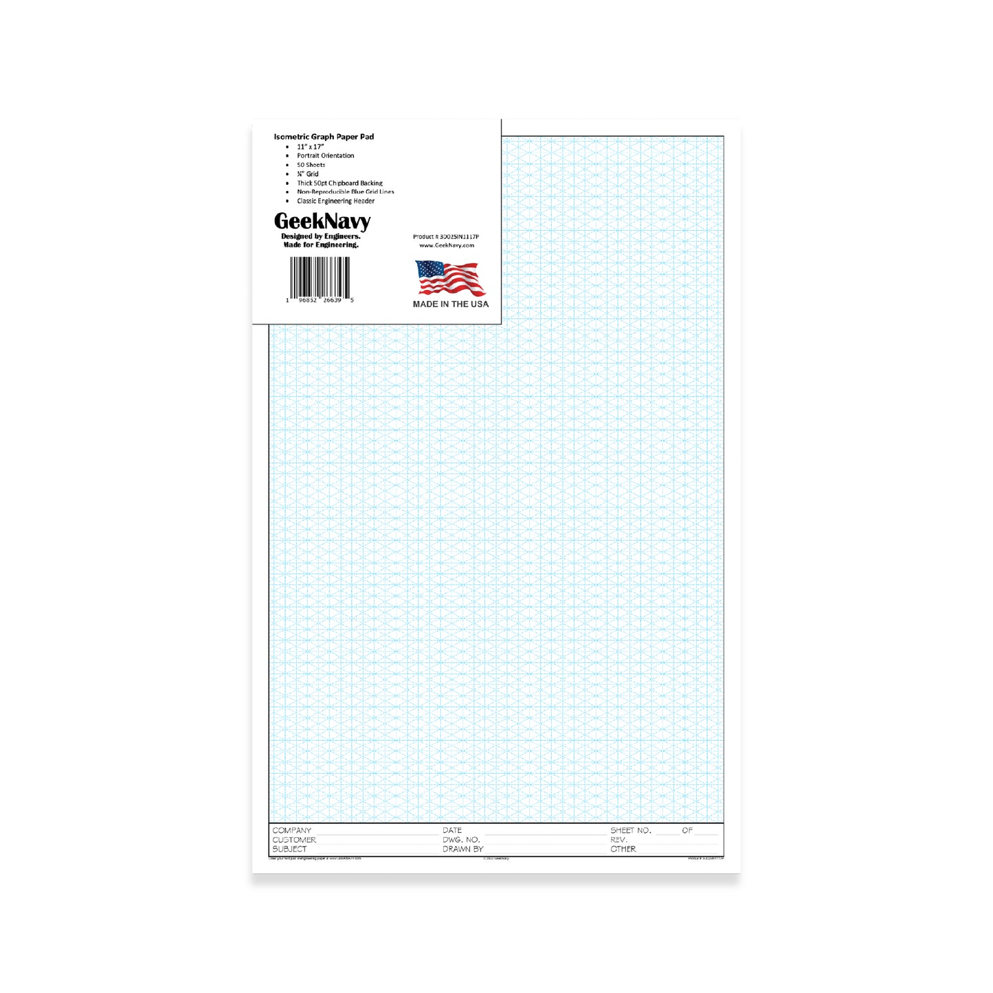 CUSTOM LOGO - GeekNavy Isometric Grid Graph Paper Pad, 11" x 17" Portrait