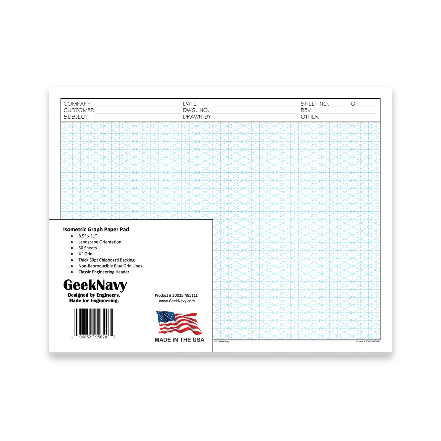 Loose Leaf GeekNavy Isometric Grid Graph Paper, 8.5″ x 11″ Landscape - 200 Sheets