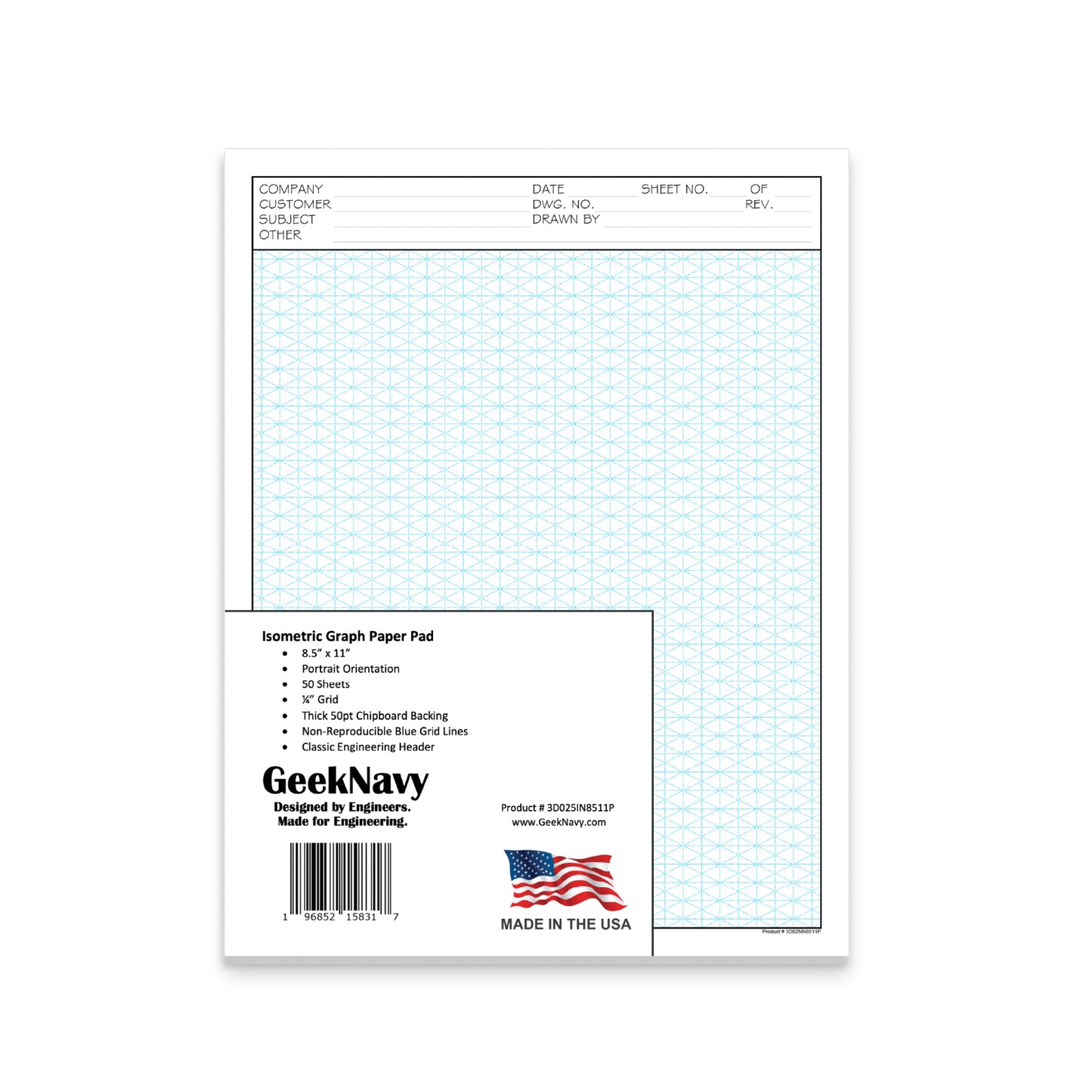 Loose Leaf GeekNavy Isometric Grid Graph Paper, 8.5″ x 11″ Portrait - 200 Sheets
