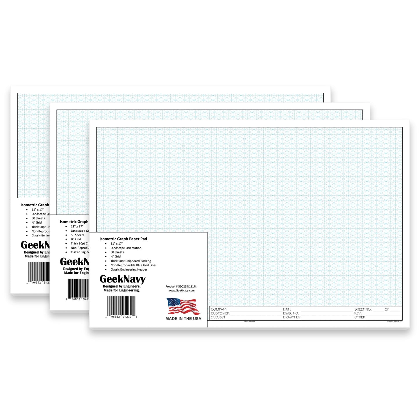 CUSTOM LOGO - GeekNavy Isometric Grid Graph Paper Pad, 11″ x 17″ Landscape