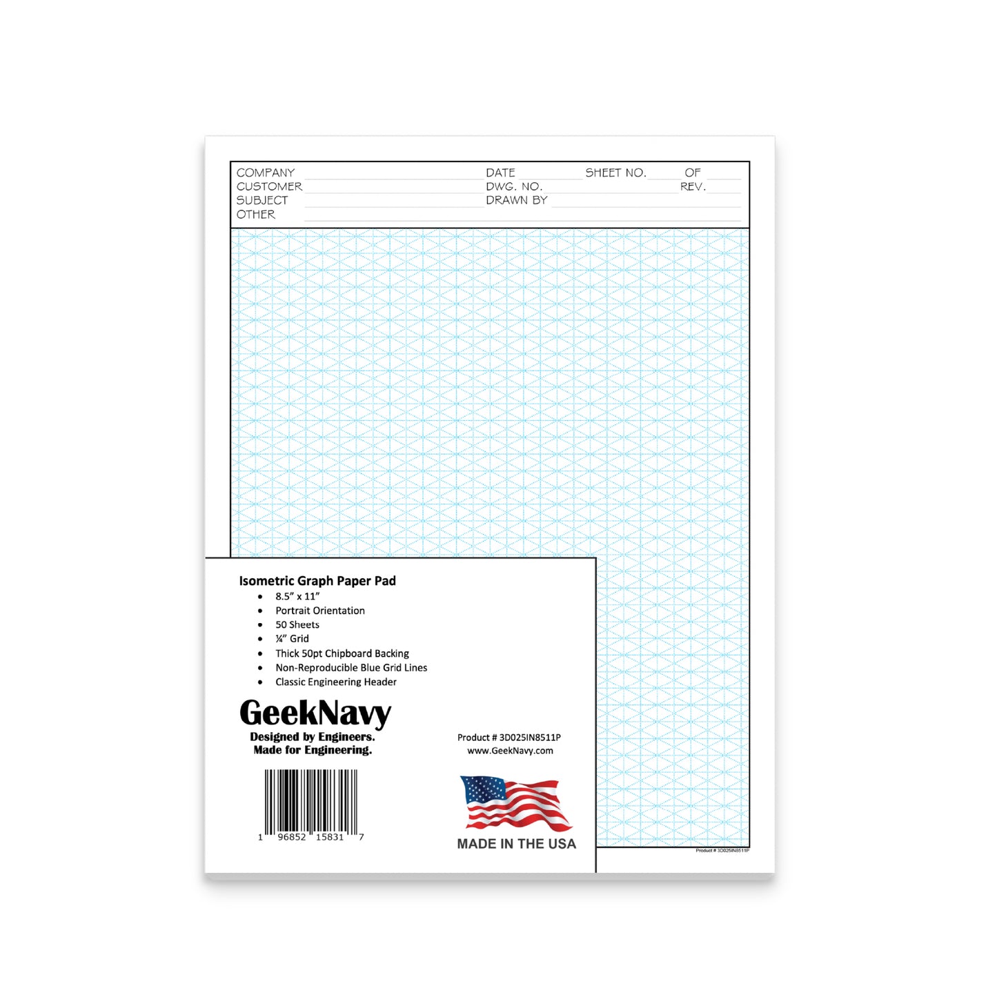 CUSTOM LOGO - GeekNavy Isometric Grid Graph Paper Pad, 8.5″ x 11″ Portrait