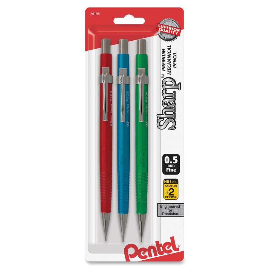 Pentel Sharp Mechanical Pencil, (0.5mm), Metallic Barrels, Assorted Colors (Red/Blue/Green), 3-Pk
