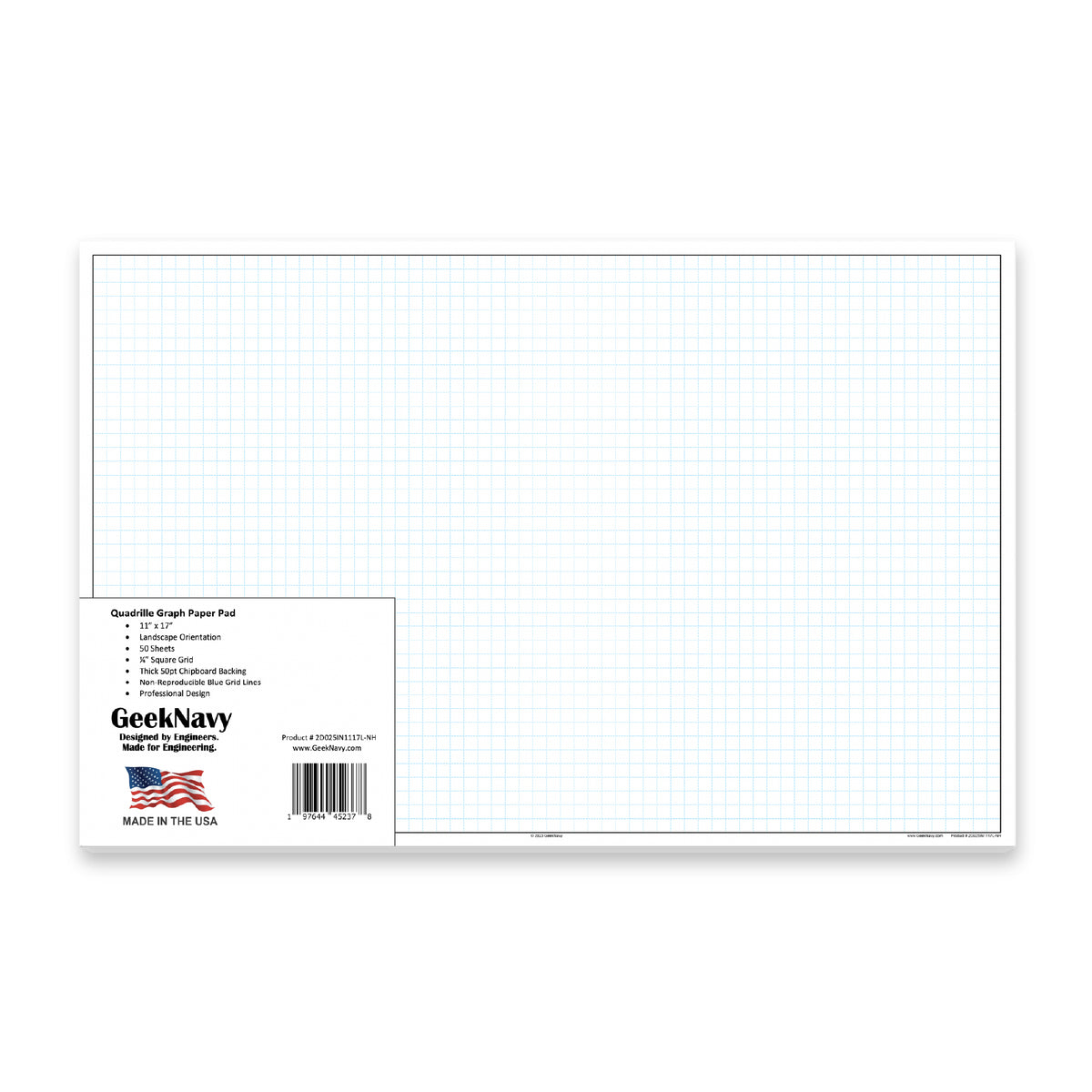 Graphpad Square Grid Loose Leaf GeekNavy Quadrille Graph Paper Pad, 11″ x 17″ Landscape - 1