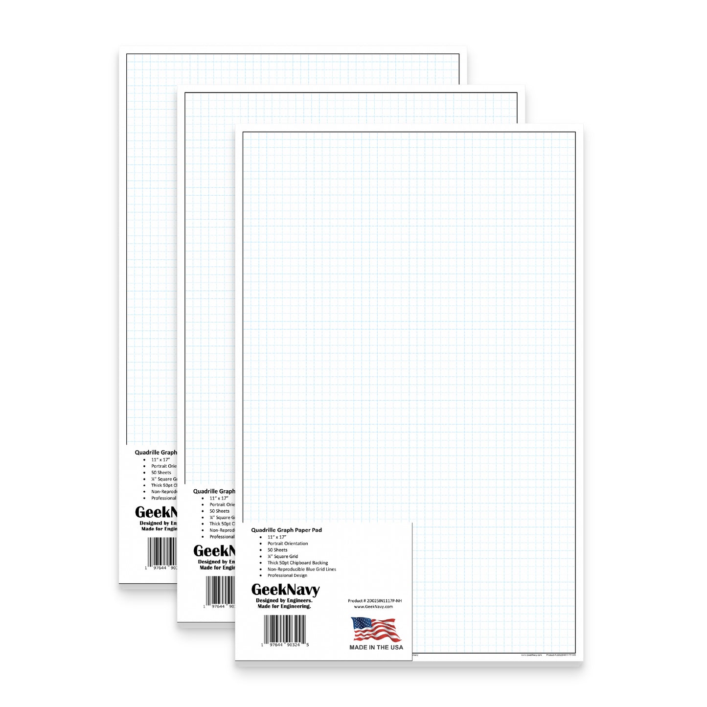 GeekNavy Quadrille Graph Paper Pad, 11″ x 17″ Portrait