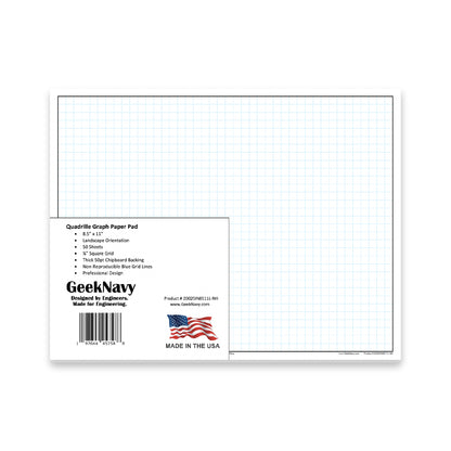 Loose Leaf GeekNavy Quadrille Graph Paper Pad, 8.5″ x 11″ Landscape - 200 Sheets
