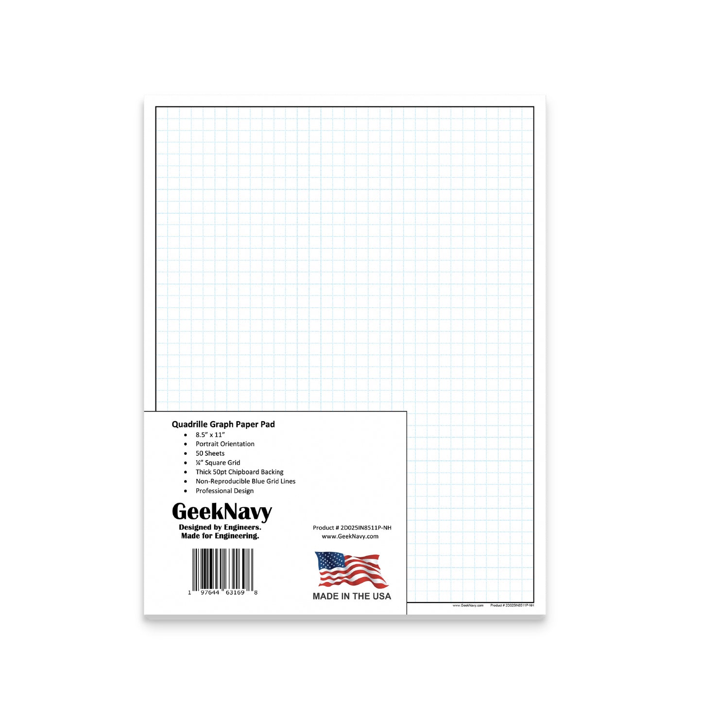 Loose Leaf GeekNavy Quadrille Graph Paper Pad, 8.5″ x 11″ Portrait - 200 Sheets